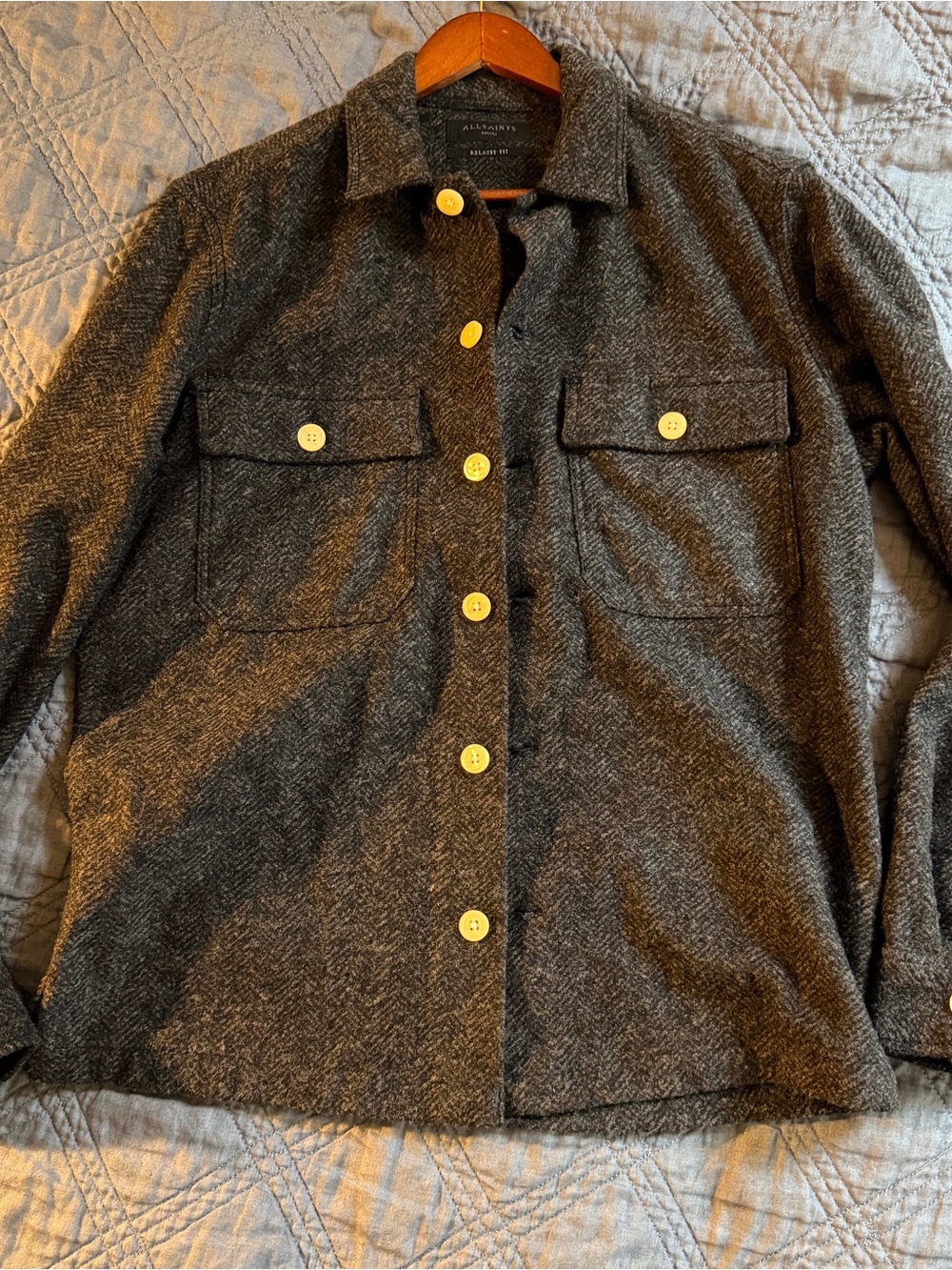 All Saints Men's Gray Herringbone Button-Down Shirt Jacket